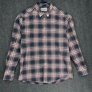 Barbour Highland Check Shirt Mens Large Gray Red plaid Tailored Fit Long sleeve